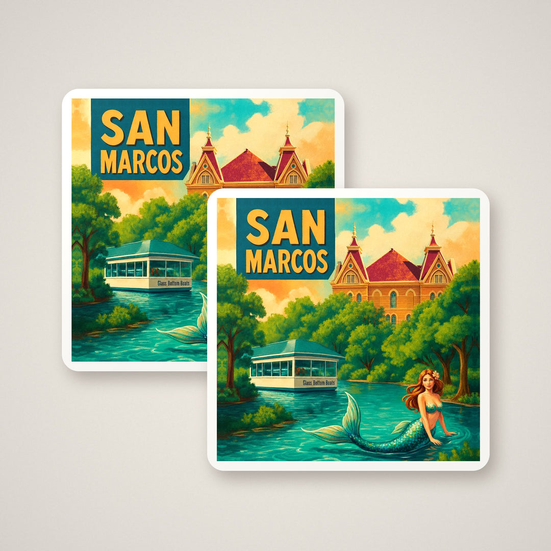 Set of two retro San Marcos, Texas square ceramic coasters – Designs by Mysh