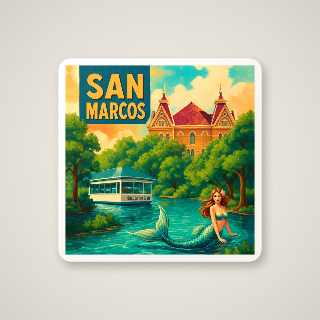 Square ceramic coaster with a retro San Marcos, Texas travel poster design – Designs by Mysh