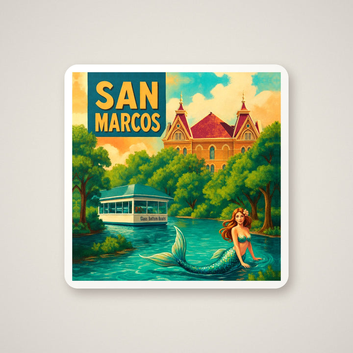 Square ceramic coaster with a retro San Marcos, Texas travel poster design – Designs by Mysh