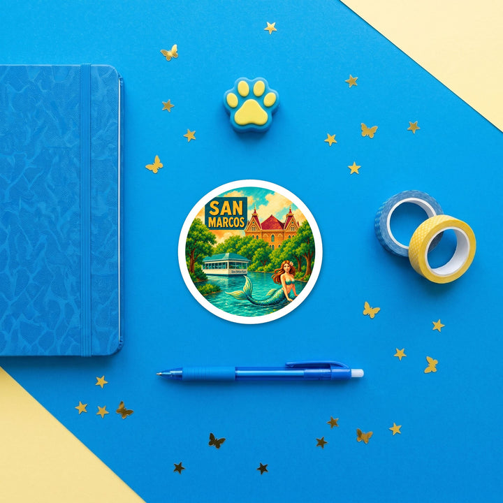 San Marcos, Texas retro sticker flat lay with blue and yellow stationery – Designs by Mysh