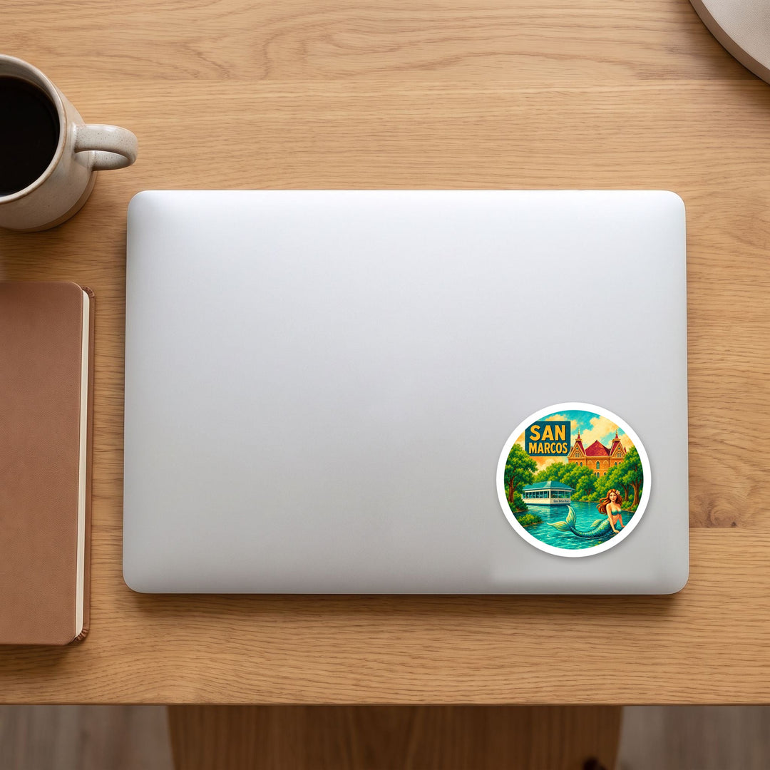 San Marcos, Texas retro vinyl sticker on a laptop lid – Designs by Mysh
