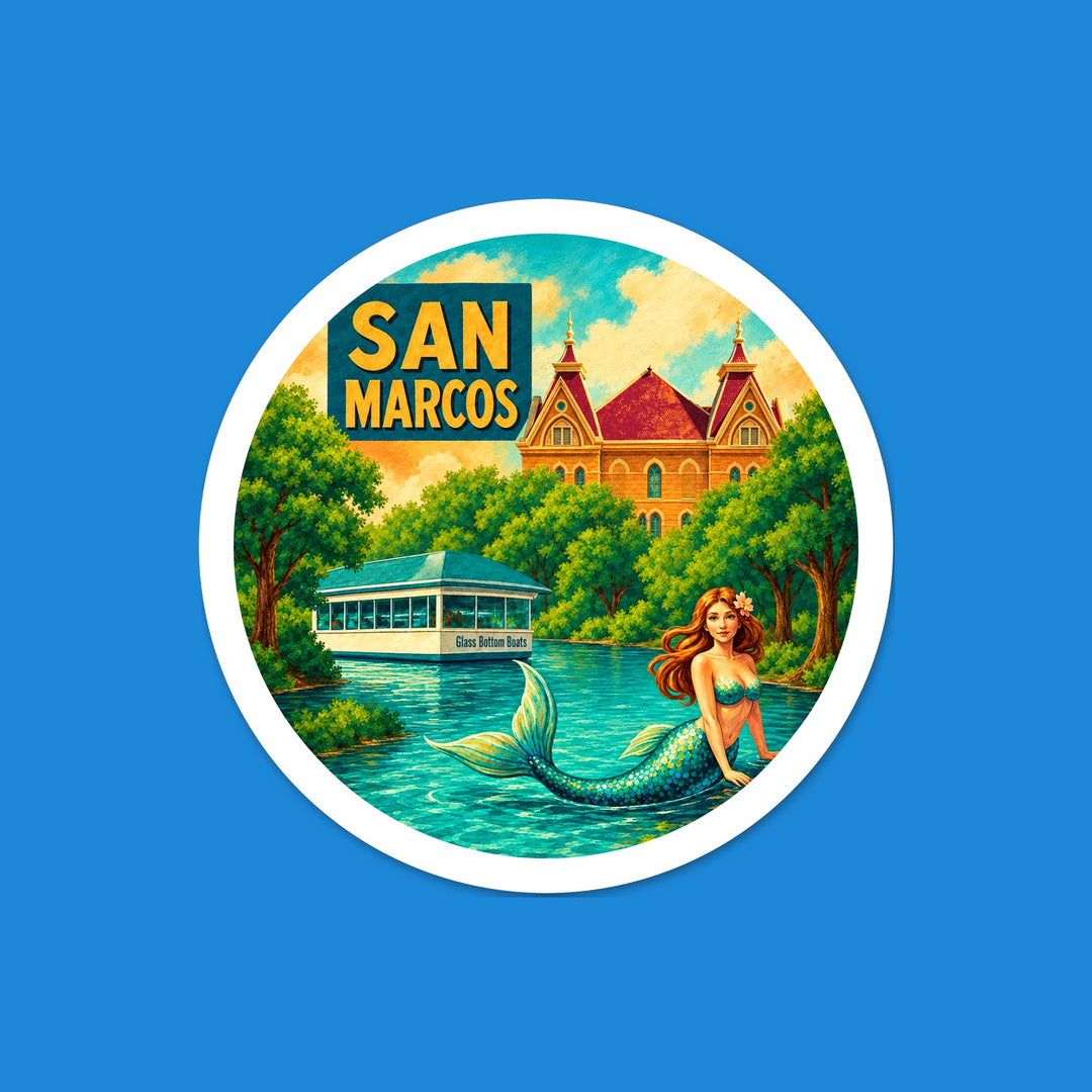 San Marcos, Texas retro travel poster 2.9 inch round vinyl sticker with Old Main – Designs by Mysh