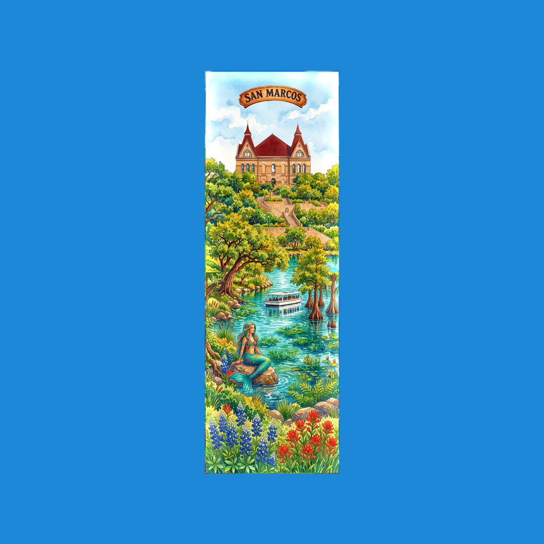 San Marcos Texas watercolor 2x6 bookmark with Old Main above the spring-fed river, with the mermaid and a glass-bottom boat - Designs by Mysh