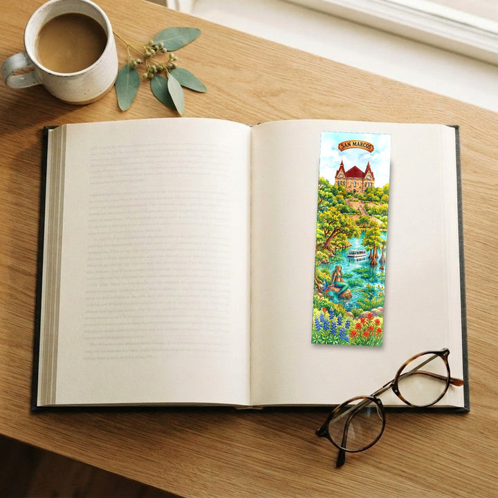 San Marcos Texas watercolor traditional bookmark on an open book with coffee and glasses - Designs by Mysh