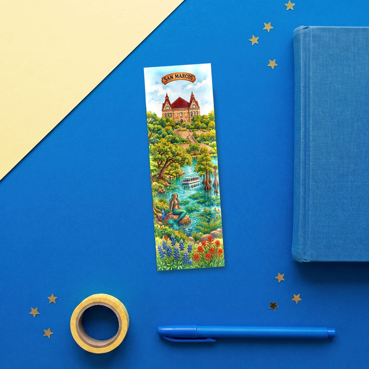 San Marcos Texas 2x6 inch bookmark flat lay with blue book and stationery - Designs by Mysh