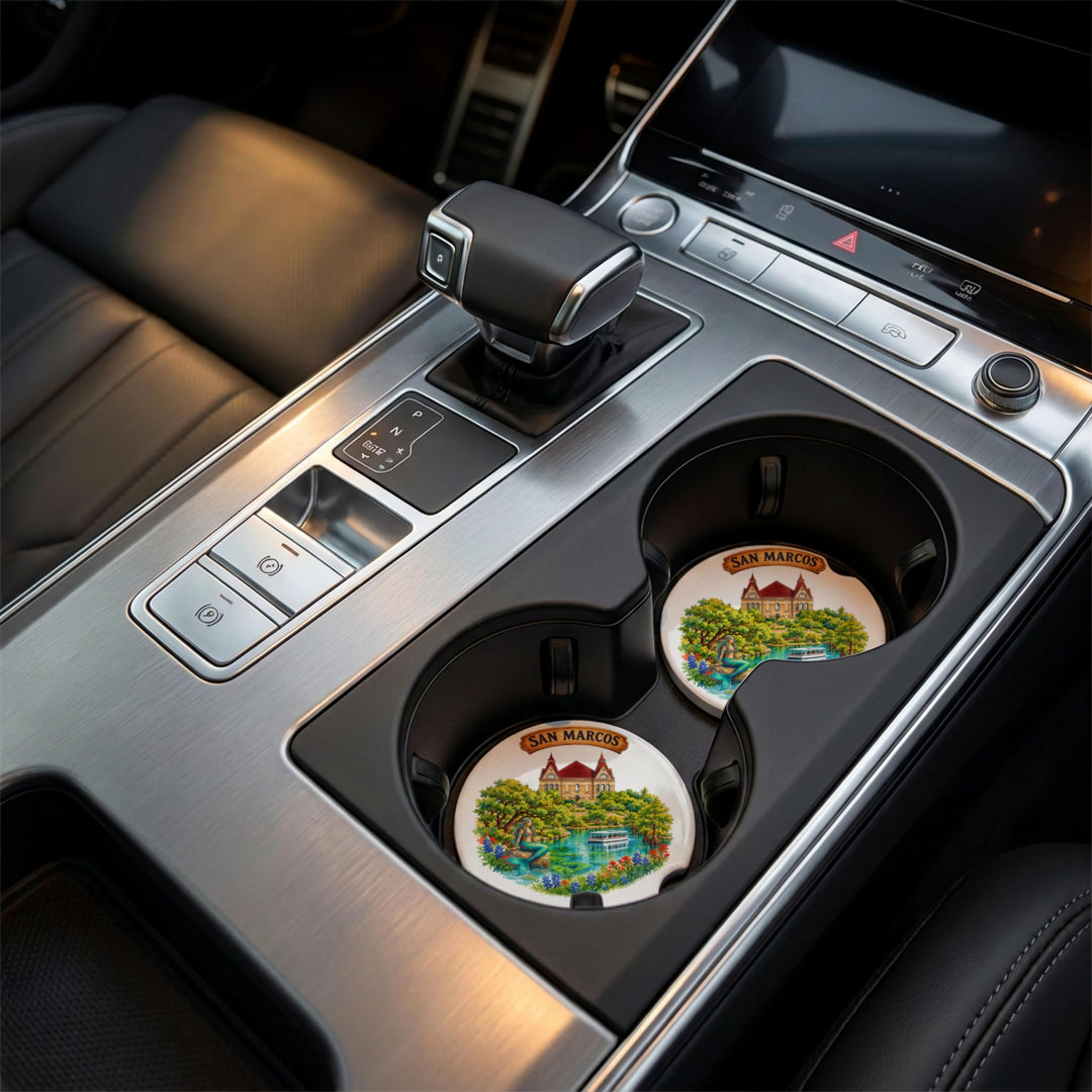 San Marcos, Texas car coaster in a vehicle center console cupholder – Designs by Mysh