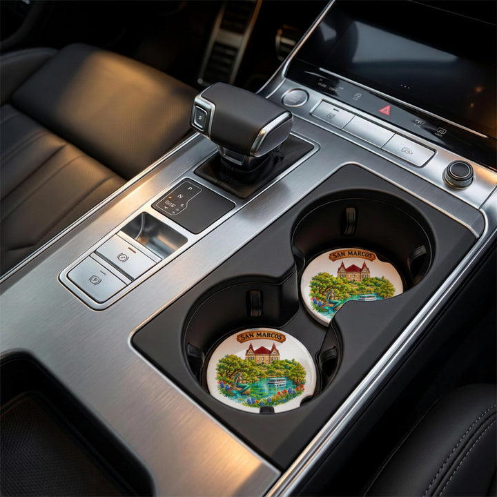 San Marcos, Texas car coaster in a vehicle center console cupholder – Designs by Mysh