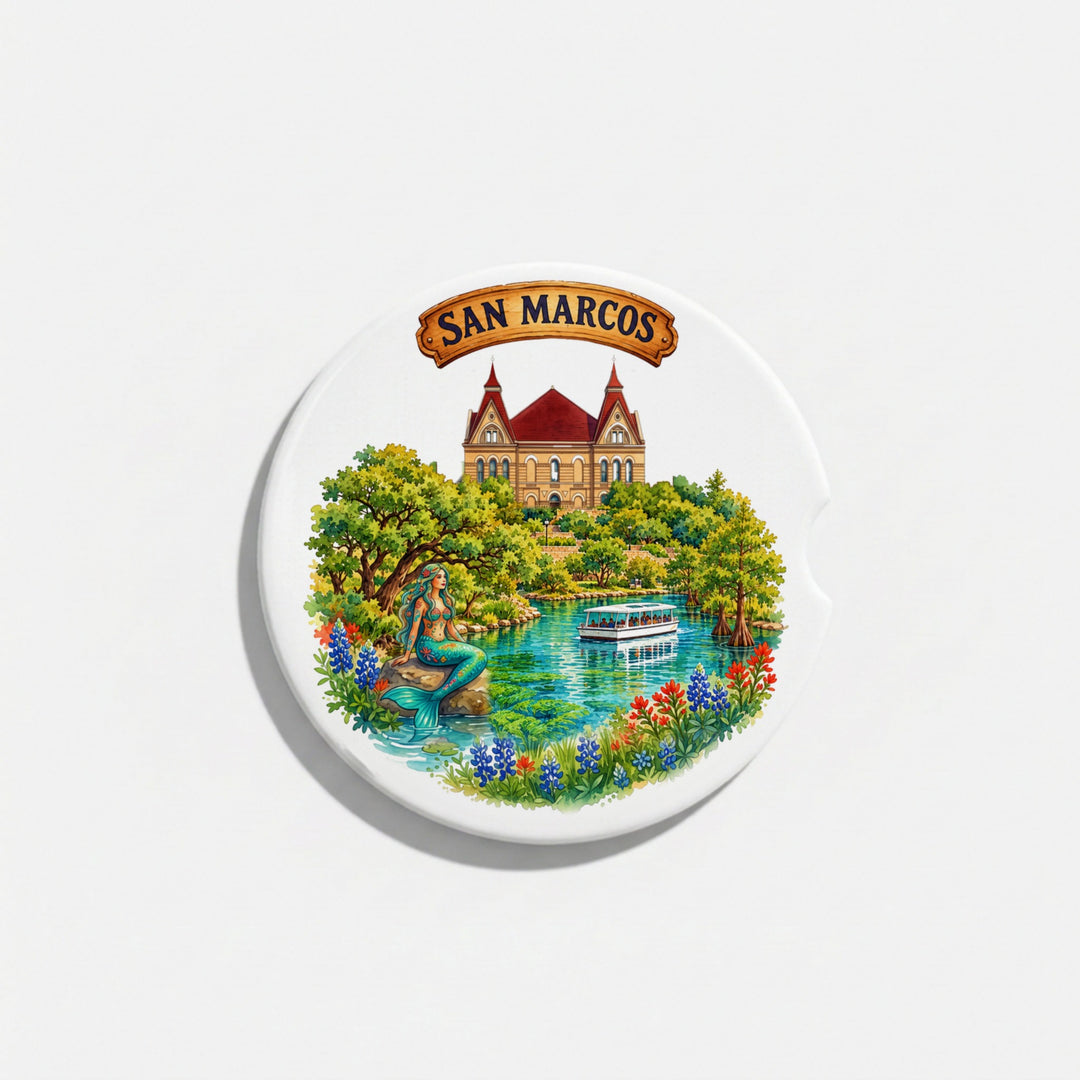 Single round ceramic car coaster with a watercolor San Marcos, Texas design, sold individually – Designs by Mysh