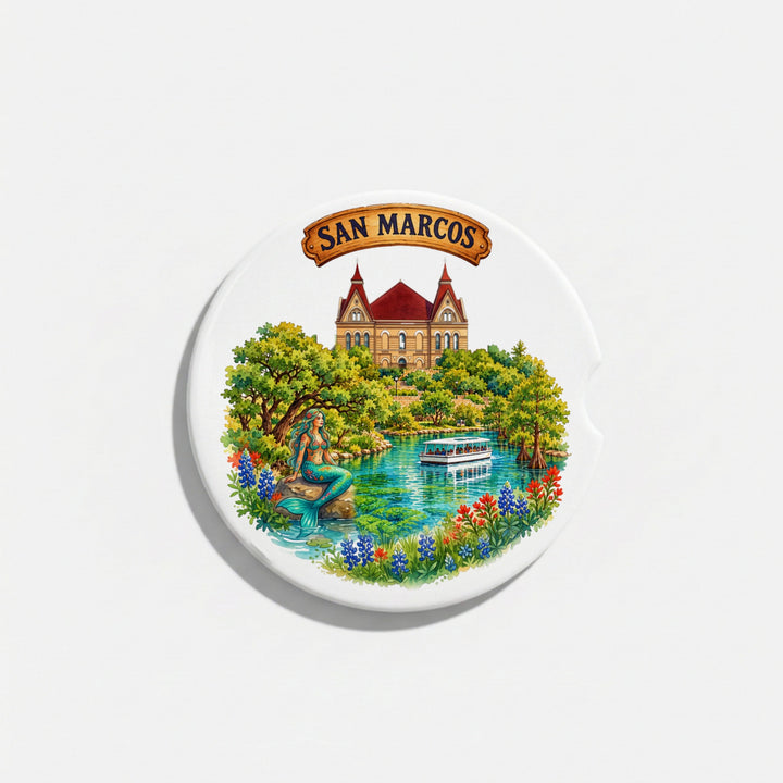 Single round ceramic car coaster with a watercolor San Marcos, Texas design, sold individually – Designs by Mysh