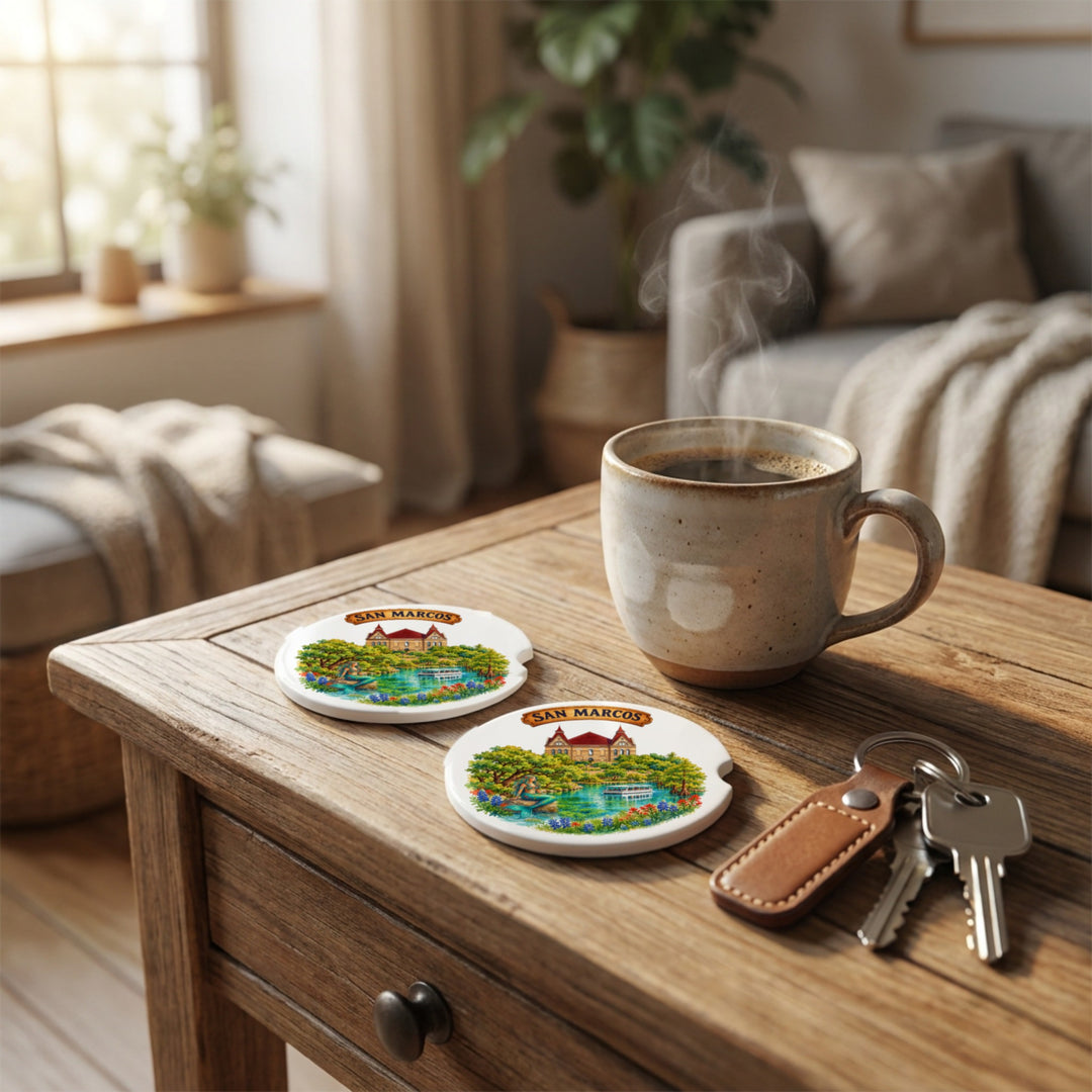 San Marcos, Texas car coasters styled on a wooden side table beside a coffee mug and keys – Designs by Mysh