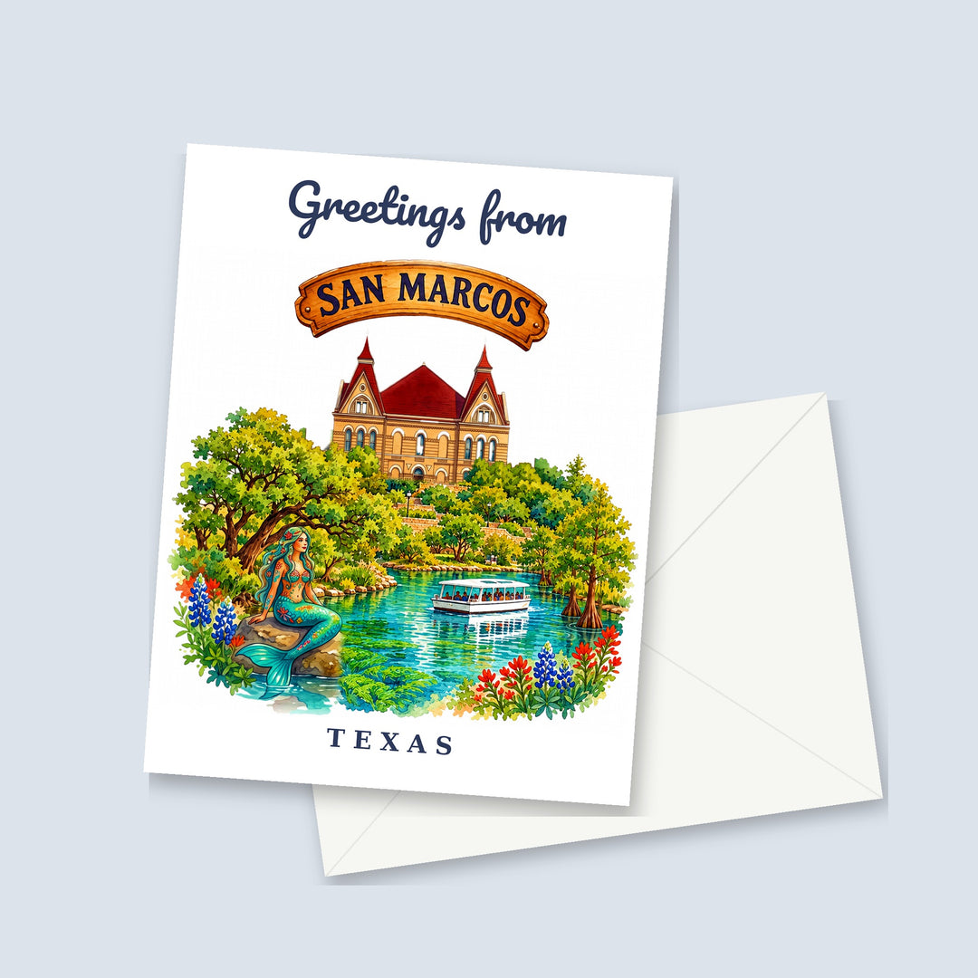 Greetings from San Marcos Texas watercolor greeting card with Old Main, a mermaid and a glass-bottom boat, shown with a white envelope