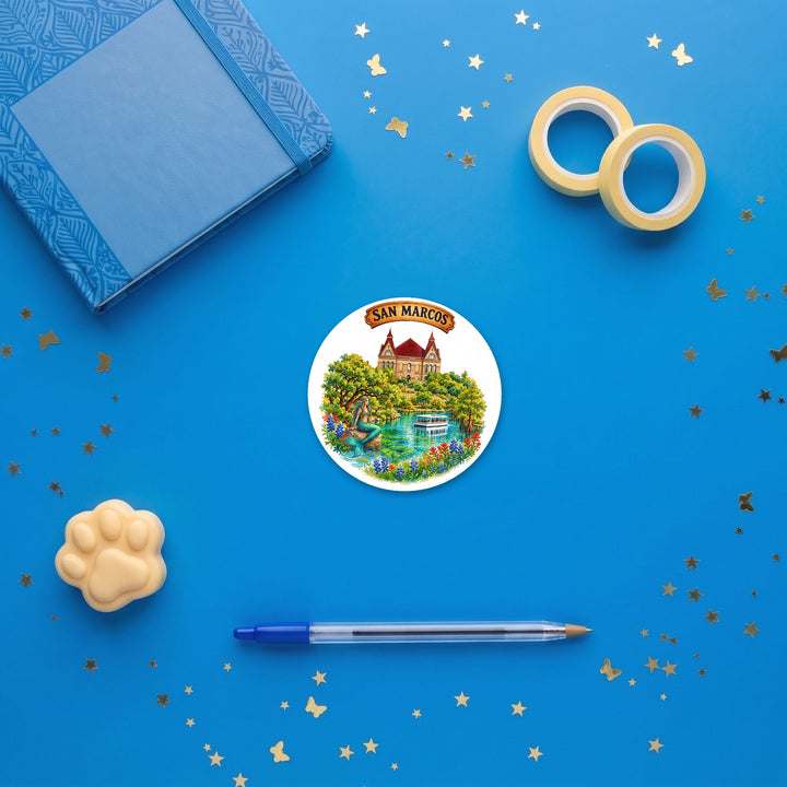 San Marcos, Texas fridge magnet flat lay with blue and yellow stationery – Designs by Mysh