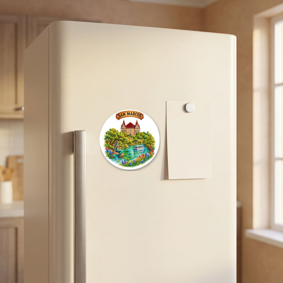San Marcos, Texas watercolor magnet on a refrigerator door – Designs by Mysh
