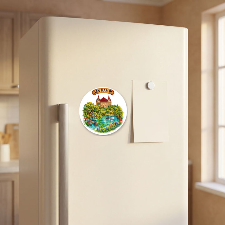 San Marcos, Texas watercolor magnet on a refrigerator door – Designs by Mysh