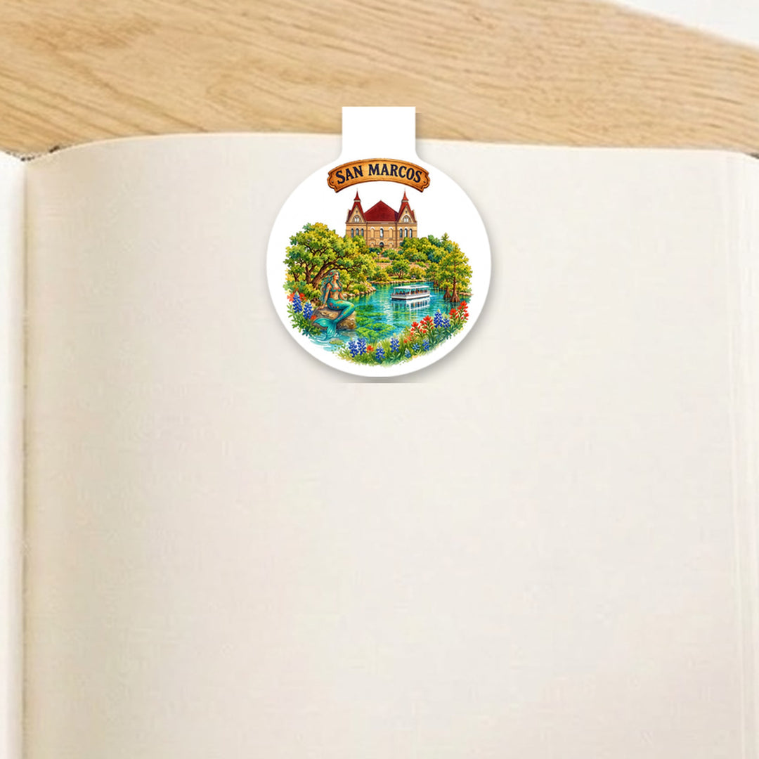 San Marcos, Texas watercolor magnetic bookmark clipped on an open book – Designs by Mysh