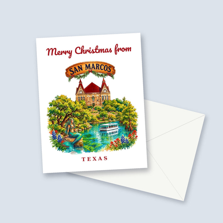 Merry Christmas from San Marcos Texas watercolor Christmas card with Old Main, the river and bluebonnets, a garland-trimmed town sign and a white envelope