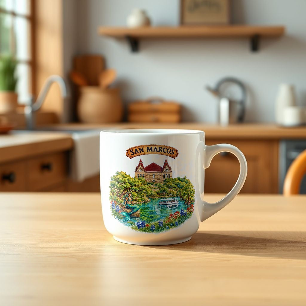 San Marcos Texas watercolor mug on a kitchen table - Designs by Mysh