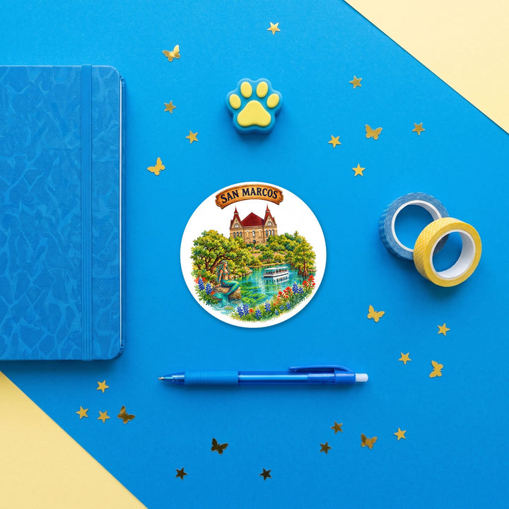 San Marcos, Texas 3 inch sticker flat lay with blue and yellow stationery – Designs by Mysh
