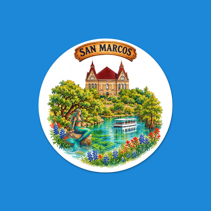 San Marcos, Texas watercolor 3 inch round vinyl sticker with bluebonnets – Designs by Mysh