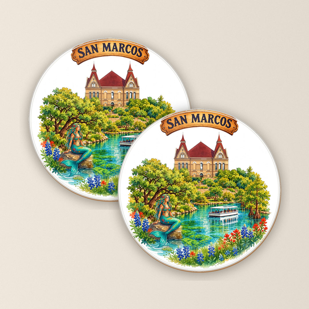 Set of two San Marcos, Texas watercolor round coasters – Designs by Mysh