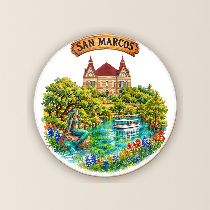San Marcos, Texas watercolor round ceramic coaster – Designs by Mysh