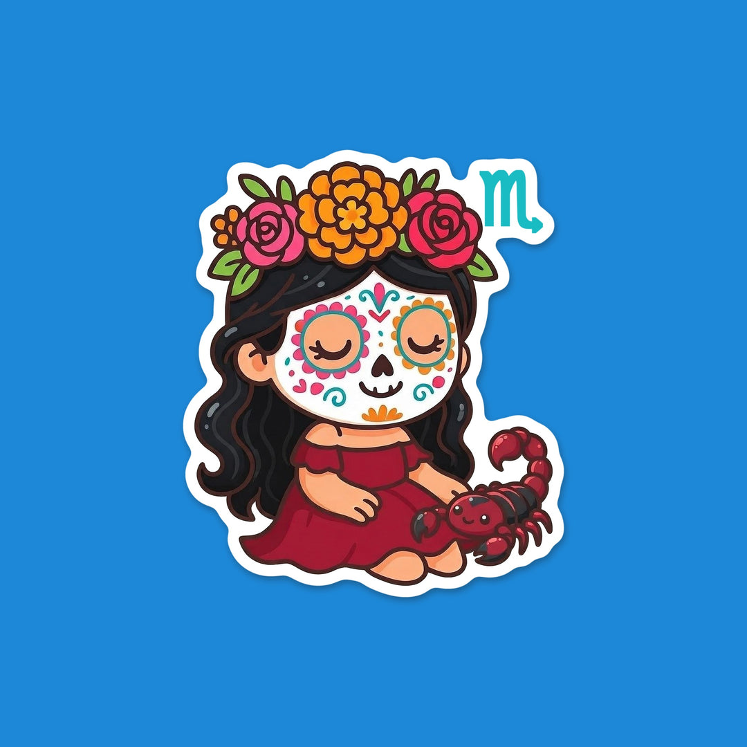 Kawaii Scorpio zodiac sugar skull girl with a flower crown and the Scorpio symbol Día de los Muertos vinyl sticker – Designs by Mysh