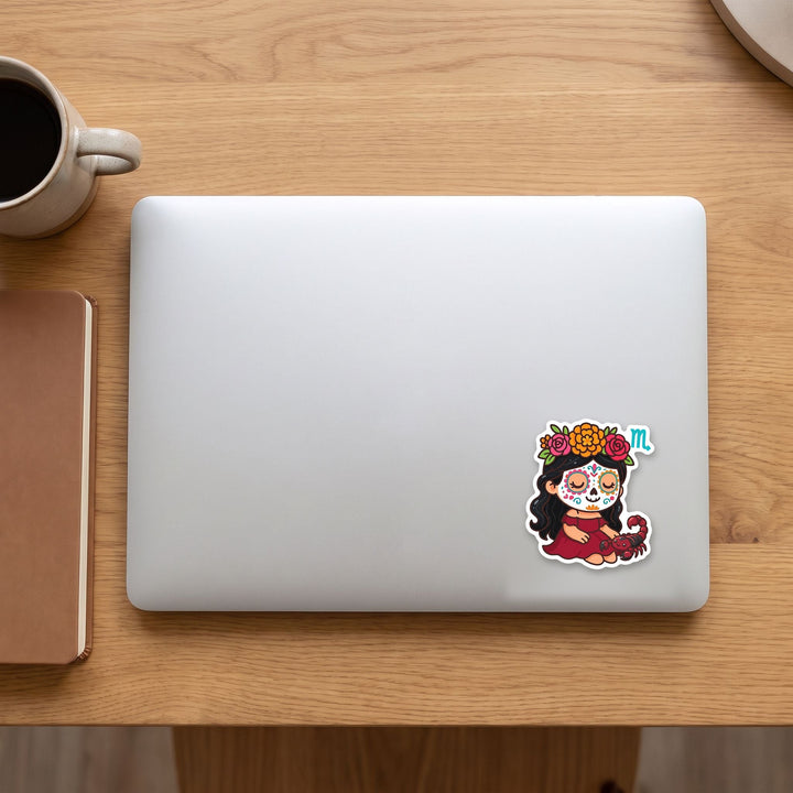 Scorpio sugar skull girl vinyl sticker on a laptop lid – Designs by Mysh