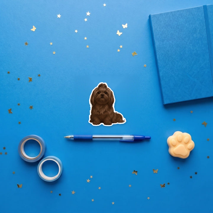 Shih Tzu Chocolate sticker flat lay with stationery