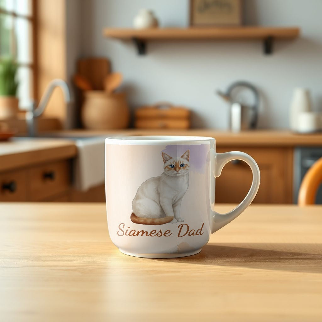 Siamese Dad watercolor cat mug on a kitchen table - Designs by Mysh