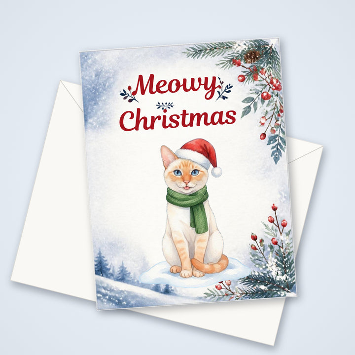 Meowy Christmas greeting card with a watercolor flame point Siamese cat in a Santa hat and green scarf, shown with a white envelope
