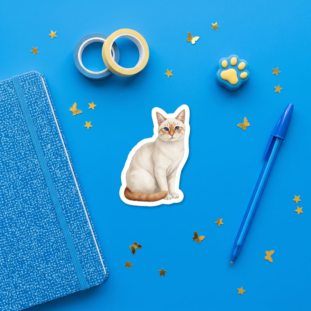 Siamese Flame Point 3 inch sticker flat lay with blue stationery – Designs by Mysh