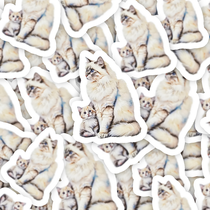 Siberian Cat Sticker, Fluffy Mama & Kitten Art, Water-resistant Vinyl Decal, Cat Mom Gift, Laptop or Journal Decor - Designs by Mysh