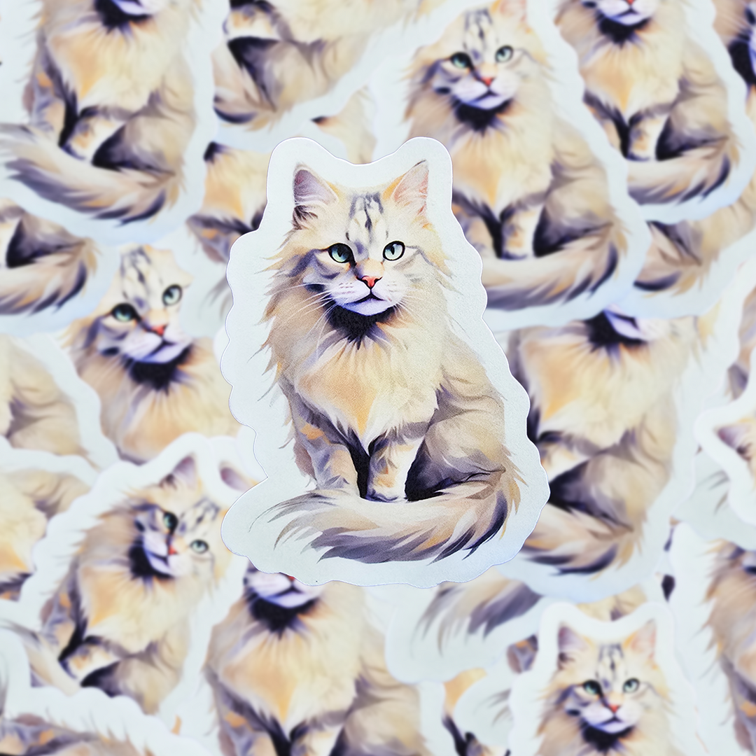 Siberian Cat Sticker, Long-Haired Cat Vinyl Decal, Realistic Breed Art, Cat Lover Gift, Waterproof Sticker for Laptop or Bottle - Designs by Mysh