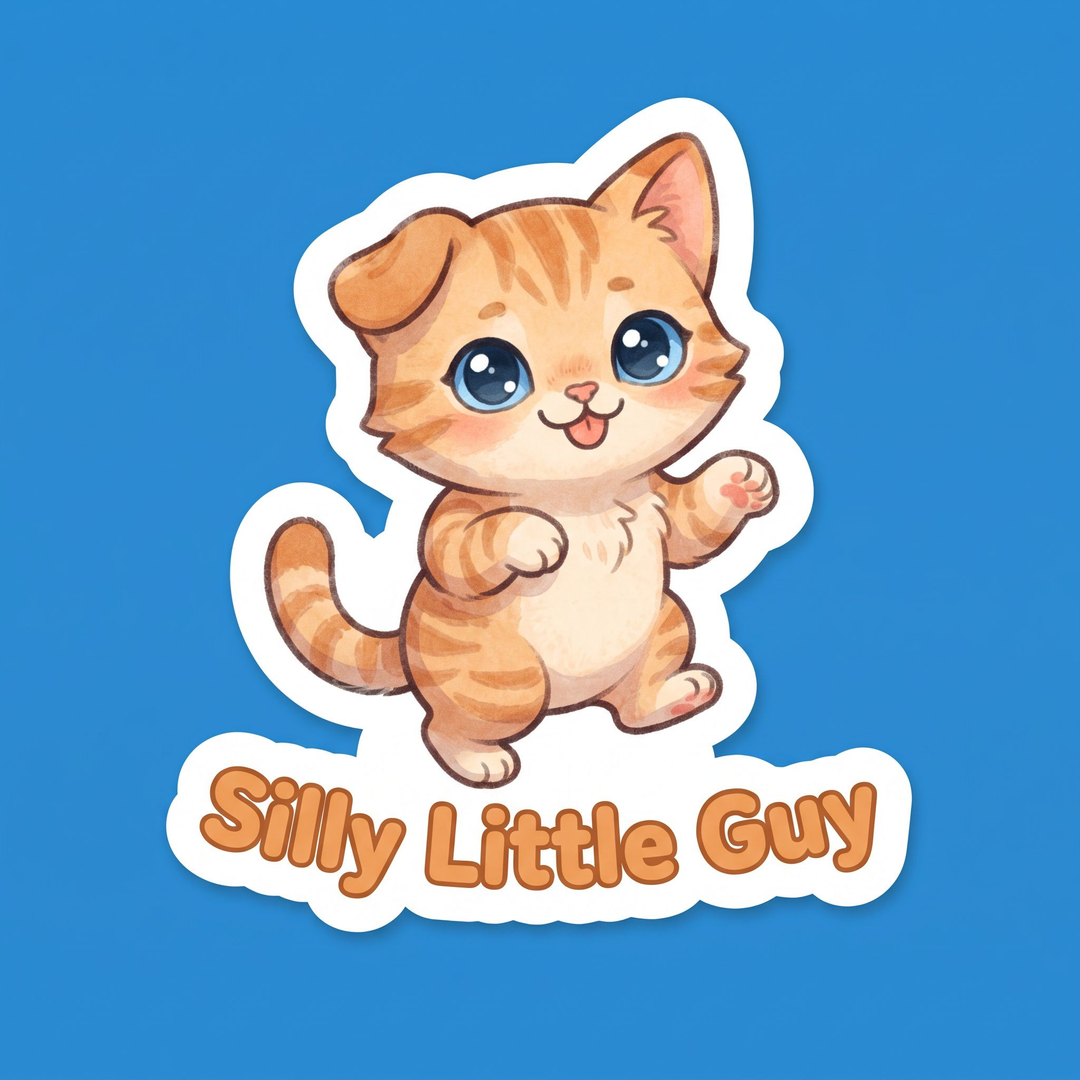 Silly Little Guy vinyl sticker with a cute dancing orange tabby kitten