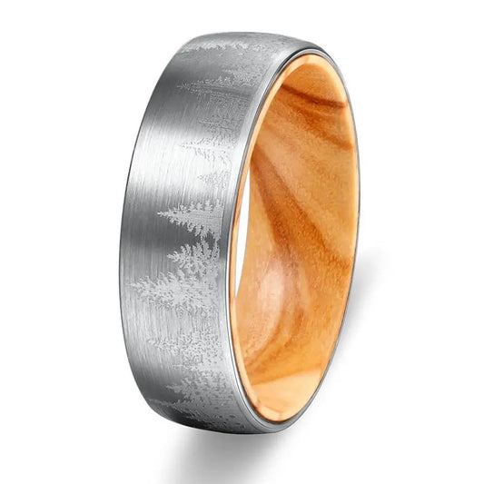 Silver Etched Tree Line and Olive Wood Tungsten Ring Designs by Mysh