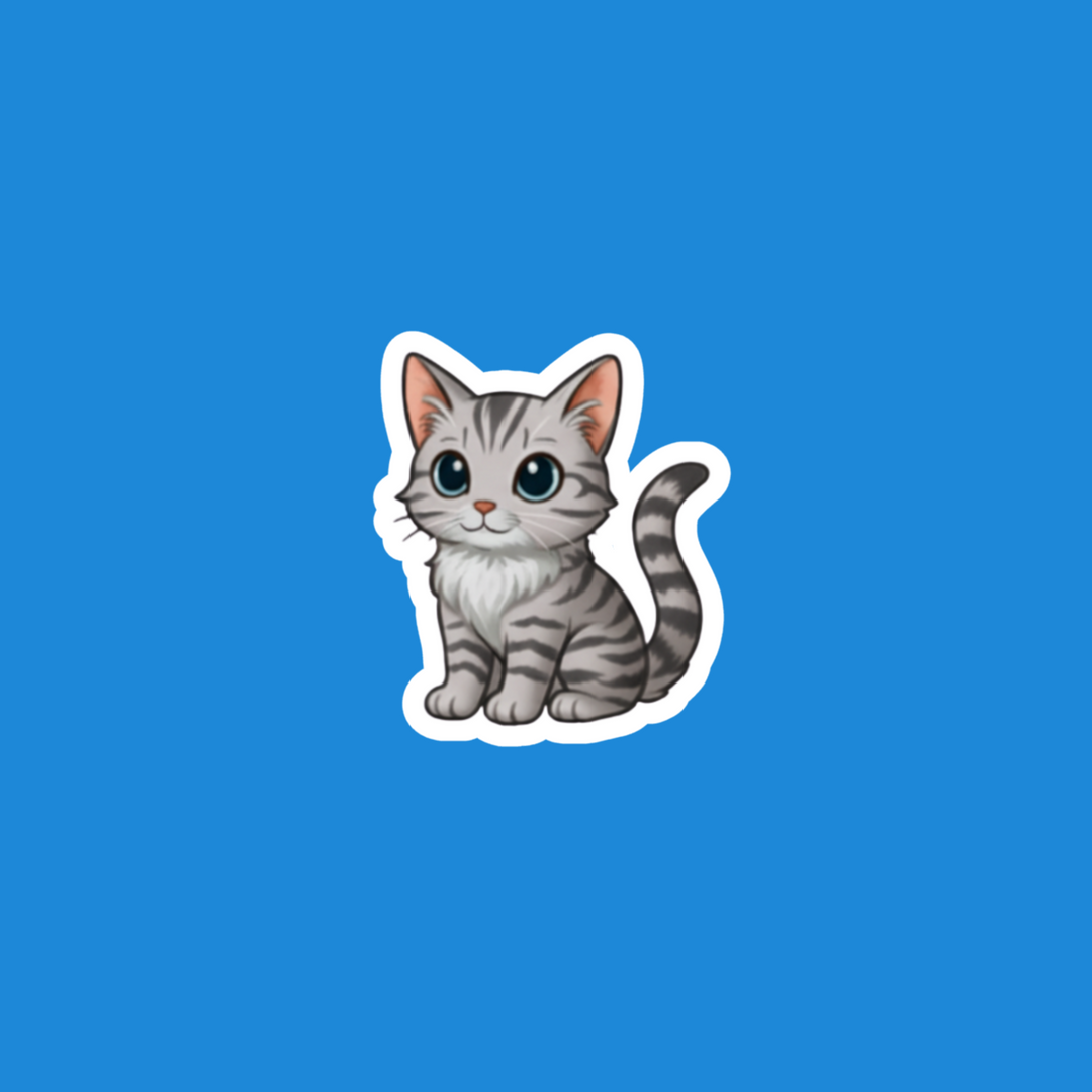 Silver Tabby Cartoon cat sticker on a blue background
