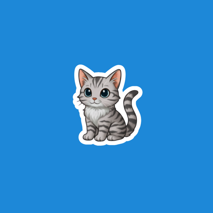 Silver Tabby Cartoon cat sticker on a blue background