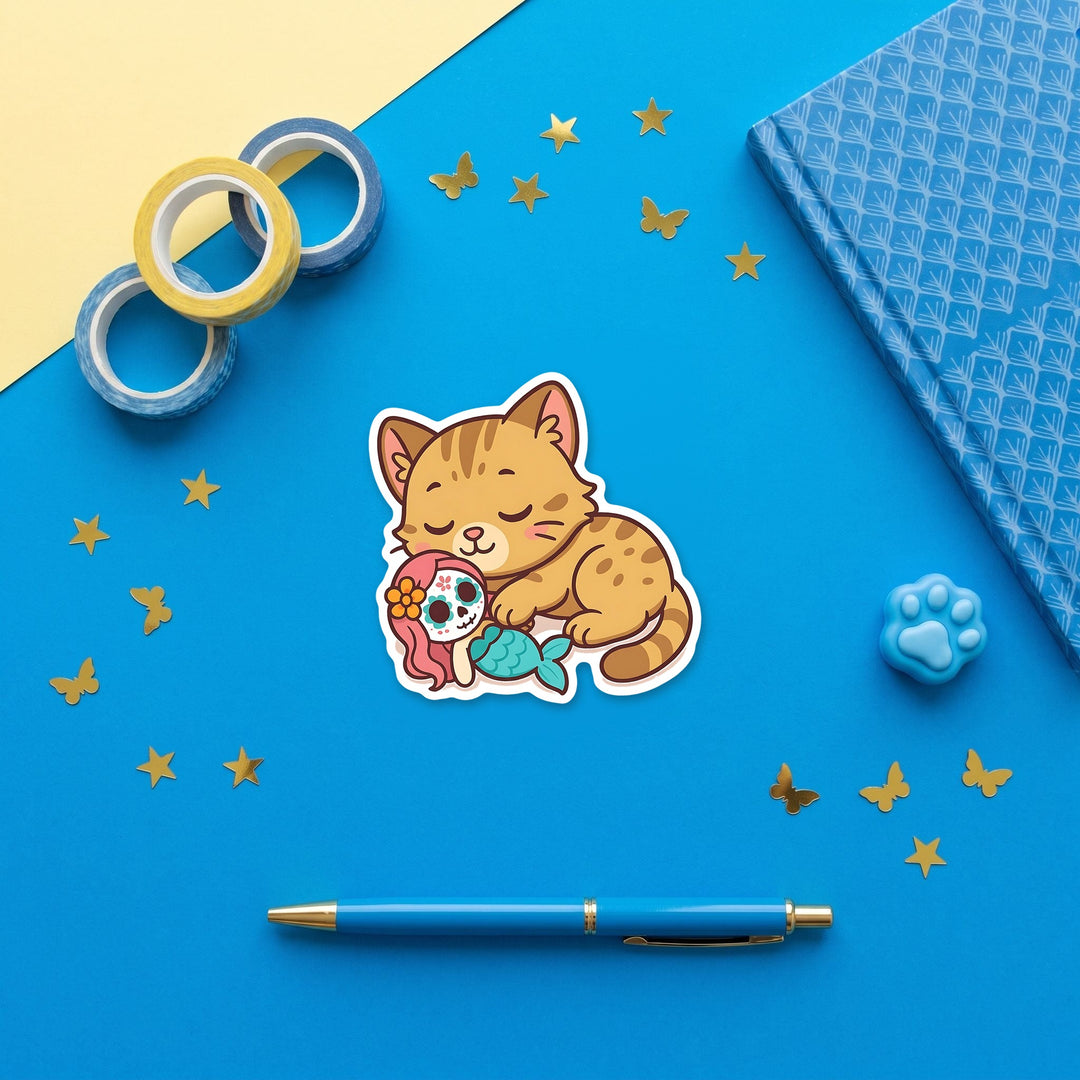 Sleeping cat and sugar skull mermaid 3 inch sticker flat lay with blue and yellow stationery – Designs by Mysh