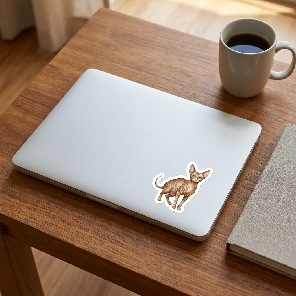 Sphynx Tabby Watercolor Sticker on a laptop - Designs by Mysh