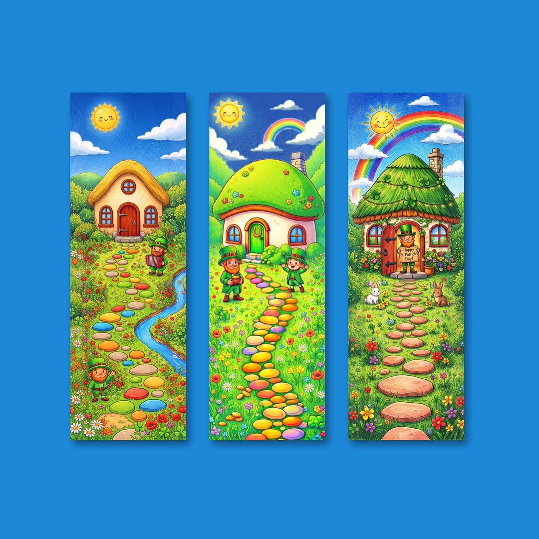 St. Patrick's Day bookmark set of 3 – St. Patrick's Day Cottage, Sunny Leprechaun Cottage and Whimsical Leprechaun Cottage 2x6 bookmarks side by side – Designs by Mysh
