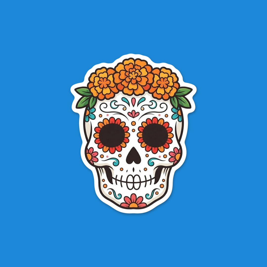 Classic white sugar skull with colorful decorations and a marigold crown Día de los Muertos vinyl sticker – Designs by Mysh
