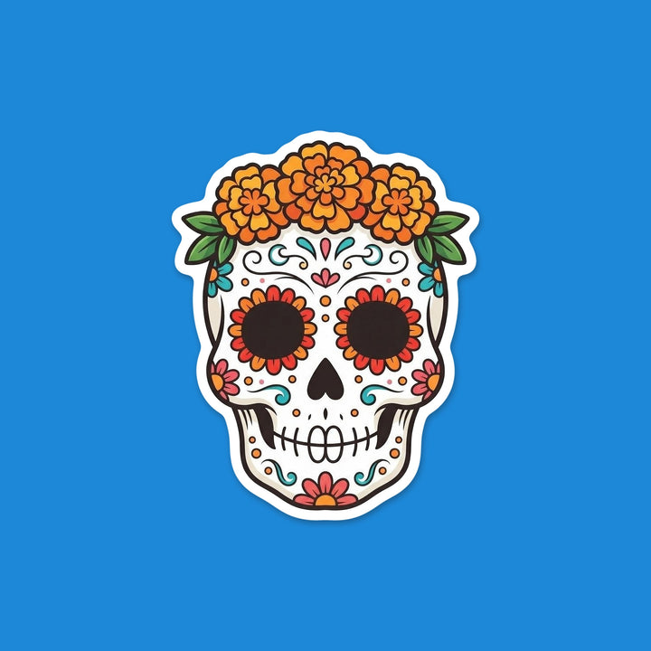 Classic white sugar skull with colorful decorations and a marigold crown Día de los Muertos vinyl sticker – Designs by Mysh
