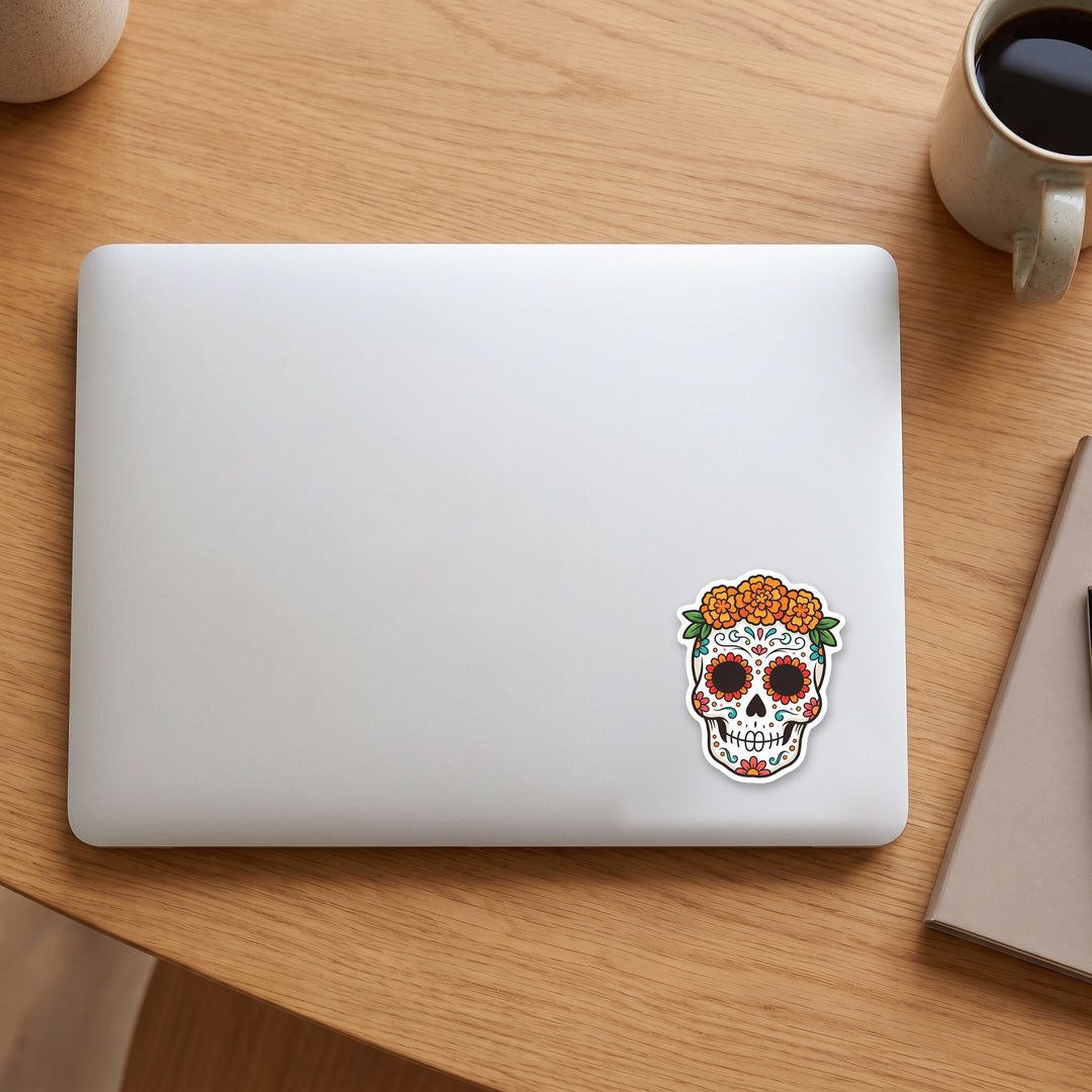 Sugar skull with marigold crown vinyl sticker on a laptop lid – Designs by Mysh