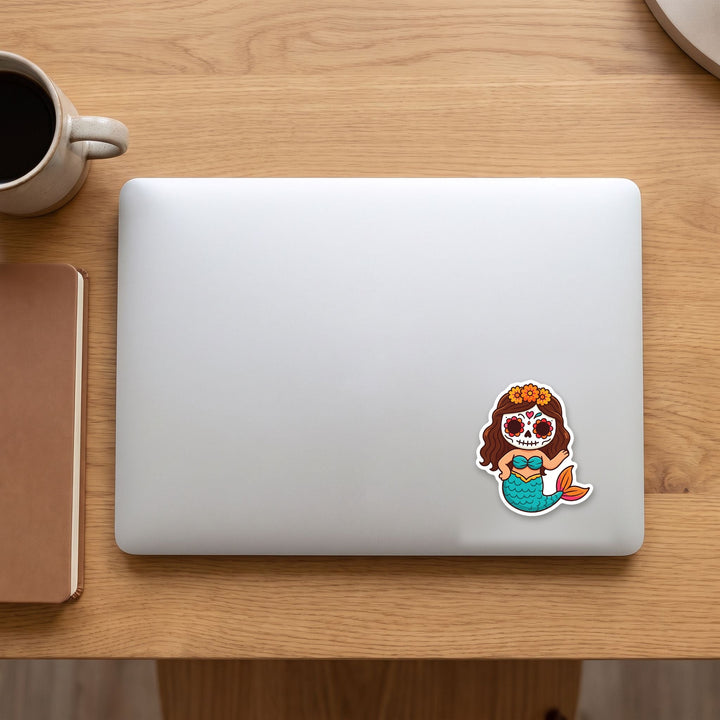Sugar skull mermaid vinyl sticker on a laptop lid – Designs by Mysh