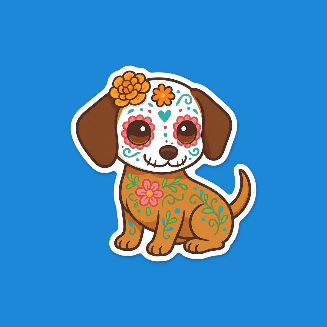 Kawaii brown puppy with a white sugar skull face and marigold Día de los Muertos vinyl sticker – Designs by Mysh