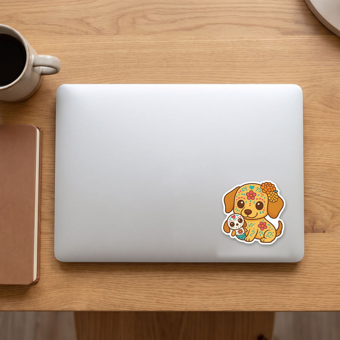 Golden sugar skull puppy kawaii vinyl sticker on a laptop lid – Designs by Mysh