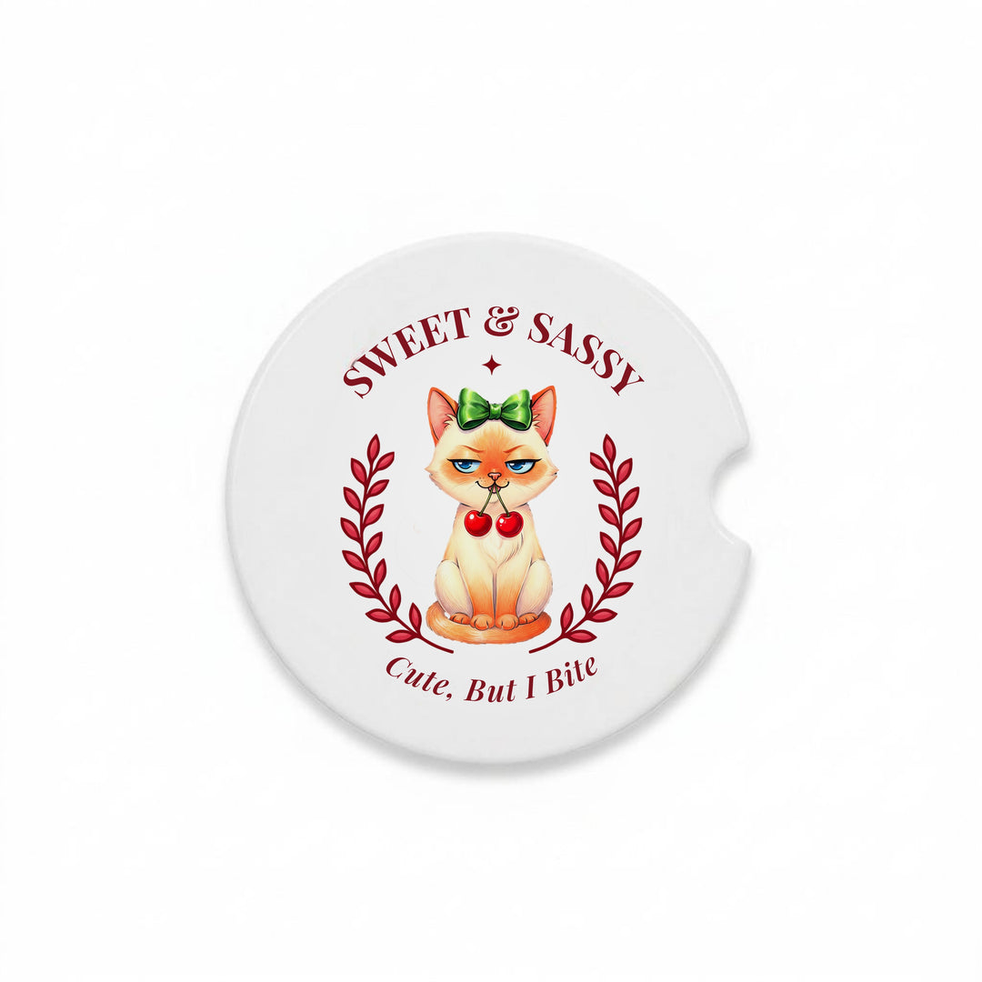 Single Sweet &amp; Sassy Siamese cat ceramic car coaster, Cute, But I Bite, with finger notch