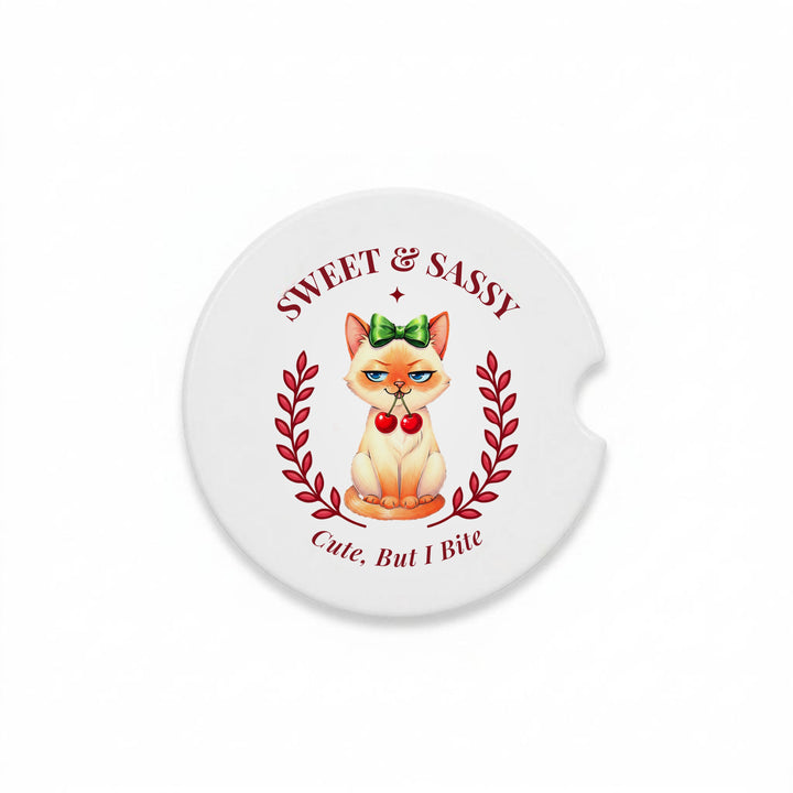 Single Sweet &amp; Sassy Siamese cat ceramic car coaster, Cute, But I Bite, with finger notch
