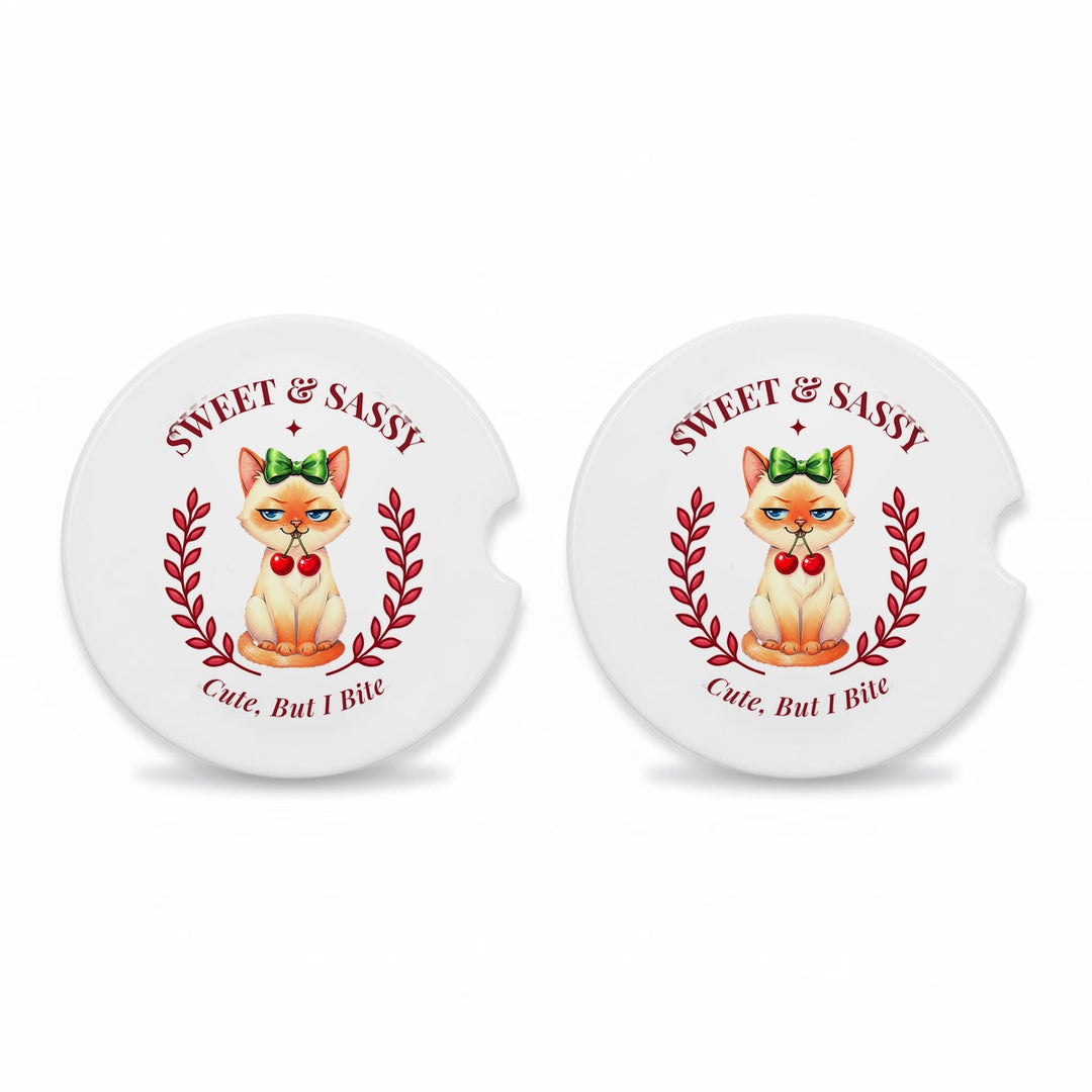 Set of 2 Sweet &amp; Sassy ceramic car coasters with a kawaii flame point Siamese cat, green bow and cherries – Designs by Mysh