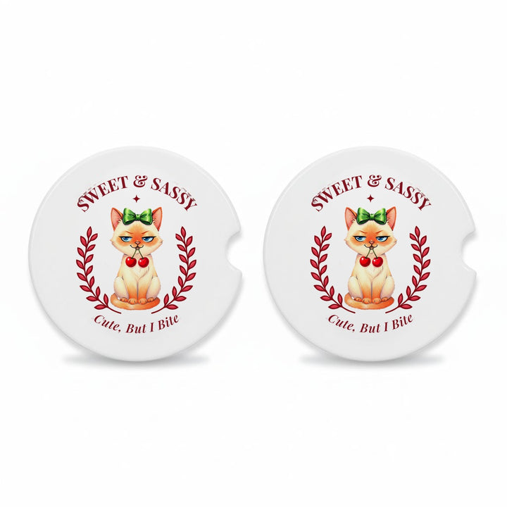 Set of 2 Sweet &amp; Sassy ceramic car coasters with a kawaii flame point Siamese cat, green bow and cherries – Designs by Mysh